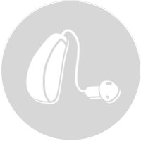 Hearing aid in a circular graphic with a simple design on a light background.