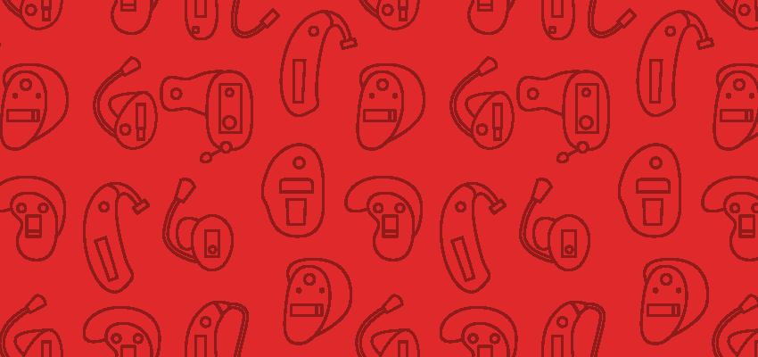 Background pattern of various hearing aids outlined in black on a red background.