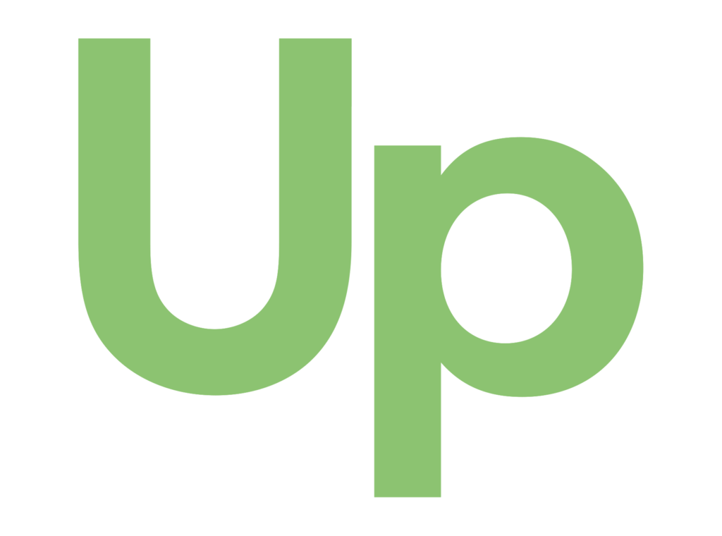 A stylized text graphic displaying the word "Up" with a green color on a white background.