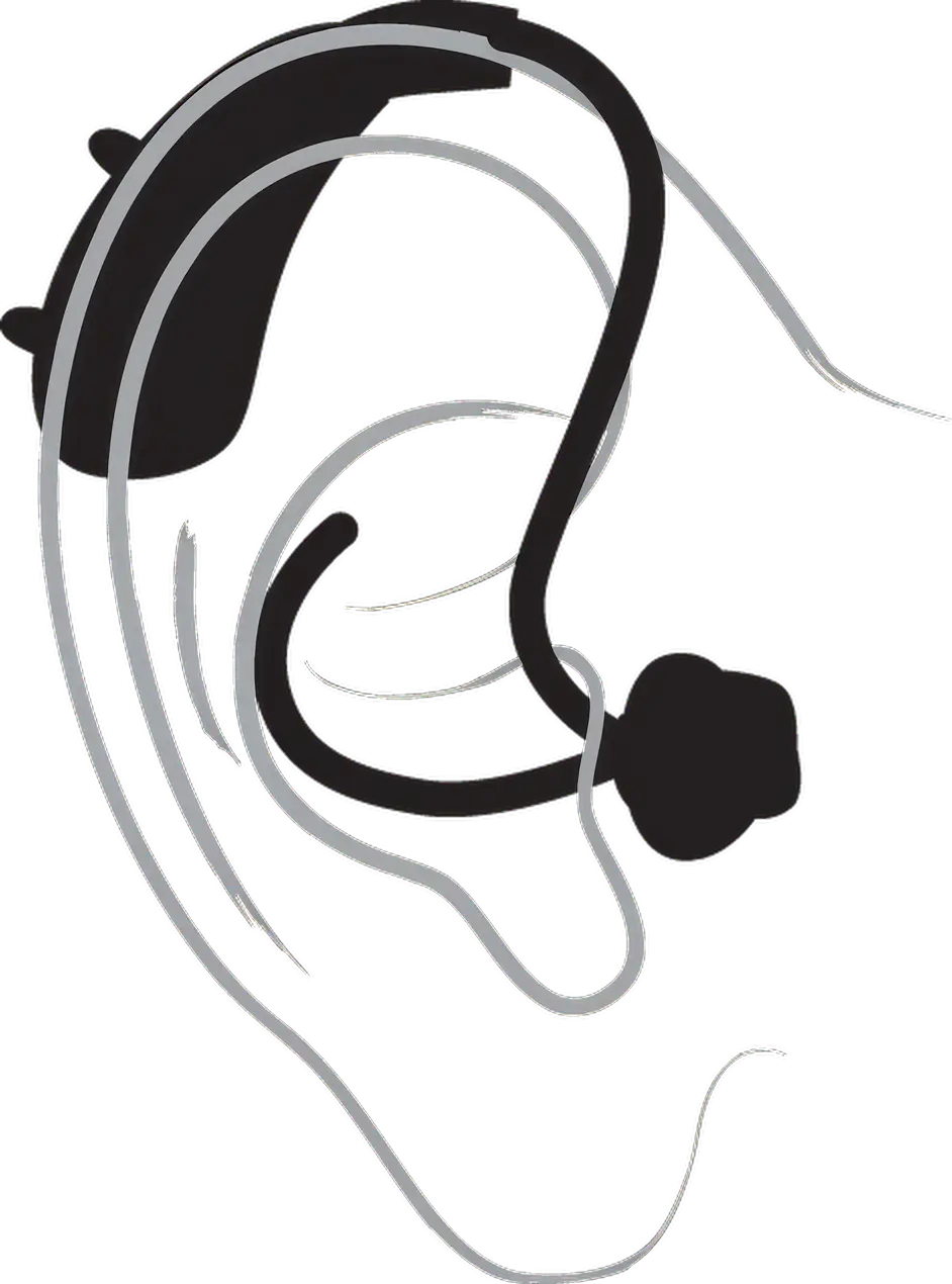 Technical drawing of a behind-the-ear (BTE) in-ear hearing aid with tubing and ear mold.