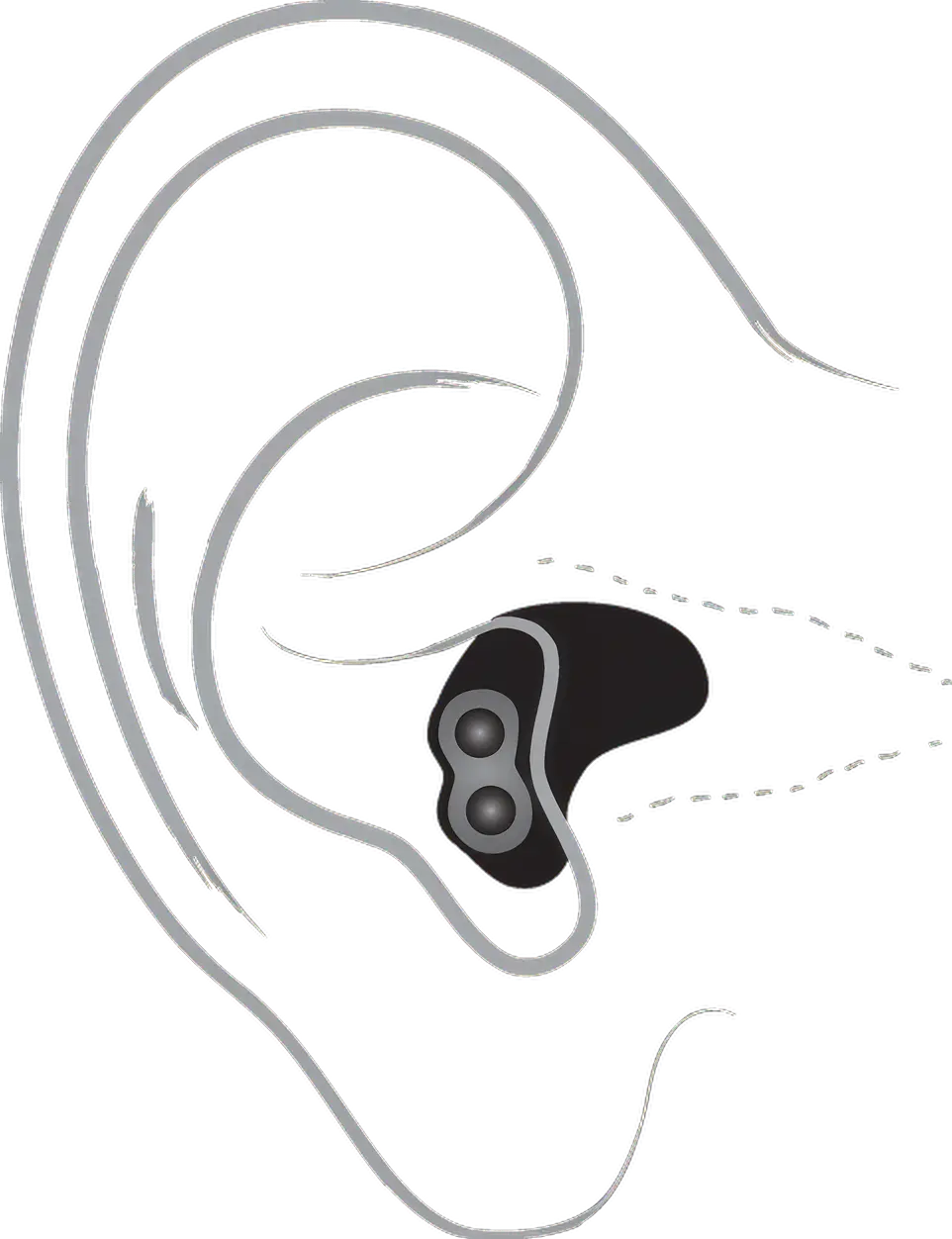 Technical drawing of a small, black in-ear headphone with a wire, positioned next to a stylized ear outline.