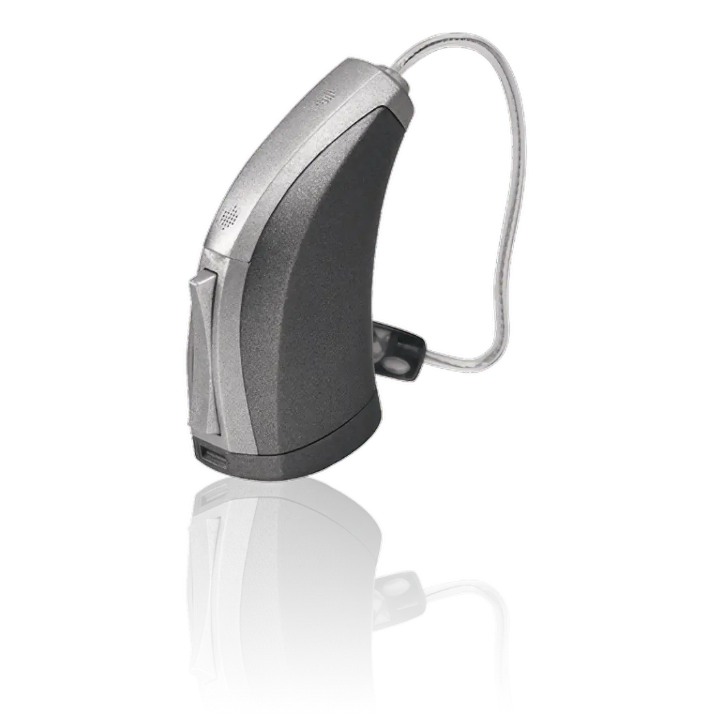 A sleek, modern hearing aid with a curved design, shown from the side, reflecting on a surface.