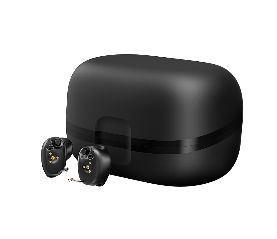 Black charging case with two hearing aids beside it.