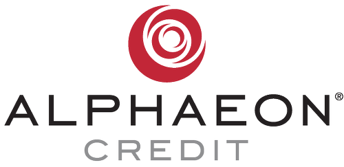 Logo for Alphaeon Credit featuring the company name in bold letters with a red spiral design.