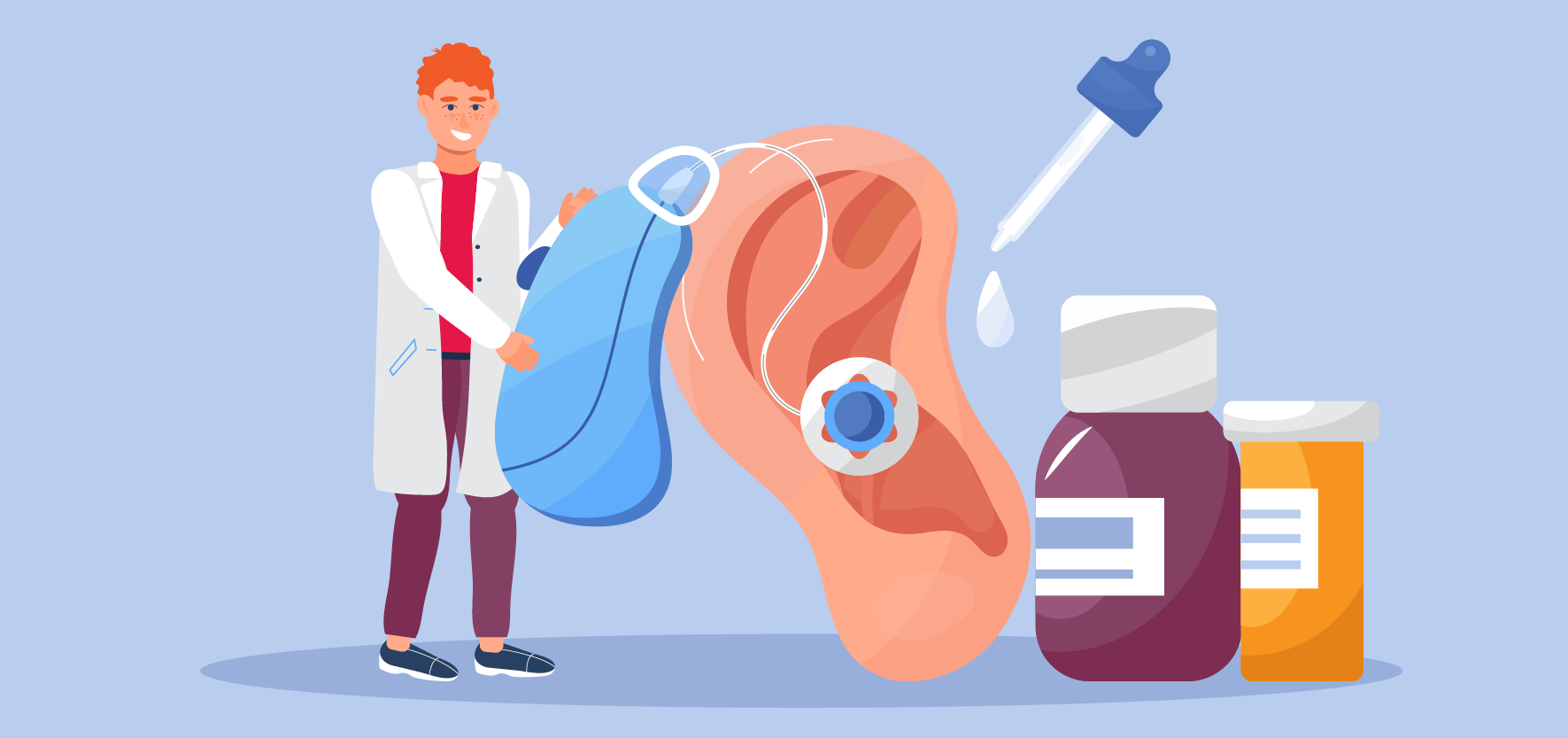 An illustration of an audiologist performing routine maintenance on an oversized hearing aid attached to an oversized ear
